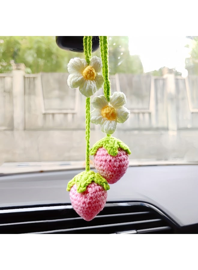 4pcs Crochet Strawberry and Flower Plant Basket Car Hanging Ornaments,Cute Handmade Knitted Car Mirror Hanging Accessories,Bag Keychain Charms Home Decoration Accessories for Women (2 Red+2 Pink) - Image 4