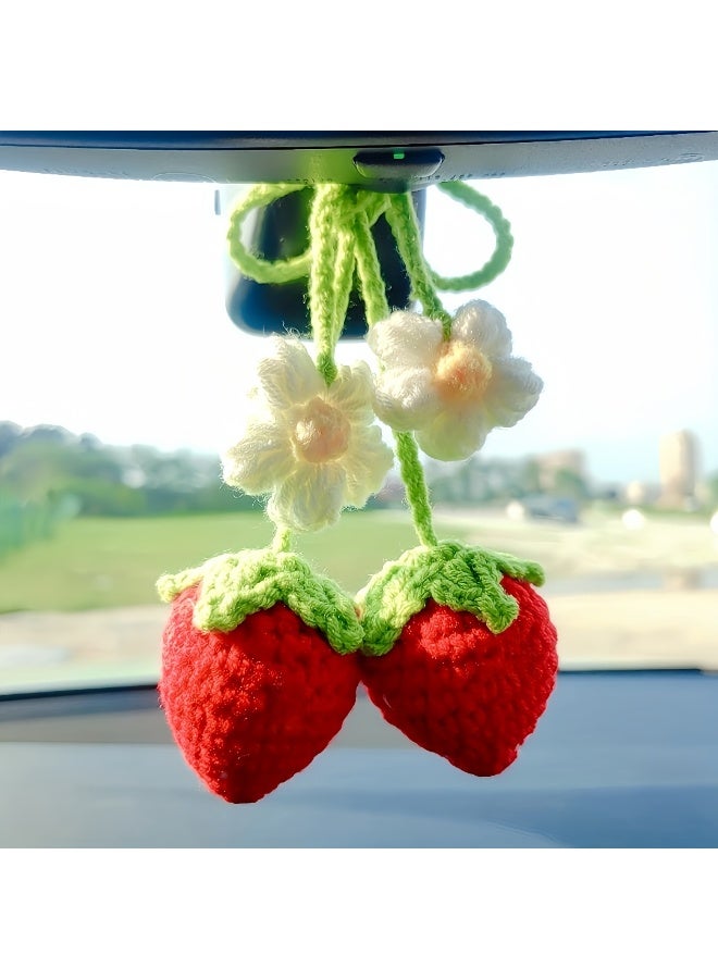 4pcs Crochet Strawberry and Flower Plant Basket Car Hanging Ornaments,Cute Handmade Knitted Car Mirror Hanging Accessories,Bag Keychain Charms Home Decoration Accessories for Women (2 Red+2 Pink) - Image 5