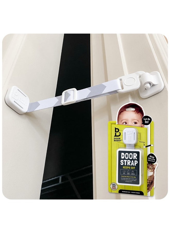 Door Buddy - Baby Proof Door Latch For Cats - Grey. Adjustable Cat Door Strap Keeps Baby Out Of Cat Food & Litter Box. Simple Child Door Locks For Kids Safety. Baby Gate Cat Door Interior Alternative. - Image 1