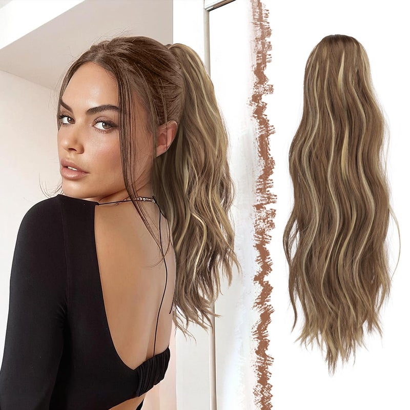 FESHFEN Ponytail Extensions, Long Claw Clip in Ponytail Hairpiece Synthetic Pony Tails Hair Piece Natural Wavy Hairpieces for Women, 20 inch Light Brown & Blonde - Image 3