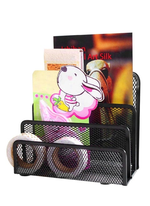 Metal desk organizer, 3 slots, black, for the office and home, and for organizing papers, folders, and multi-use notebooks