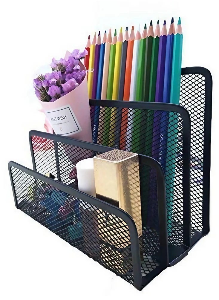 Metal desk organizer, 3 slots, black, for the office and home, and for organizing papers, folders, and multi-use notebooks
