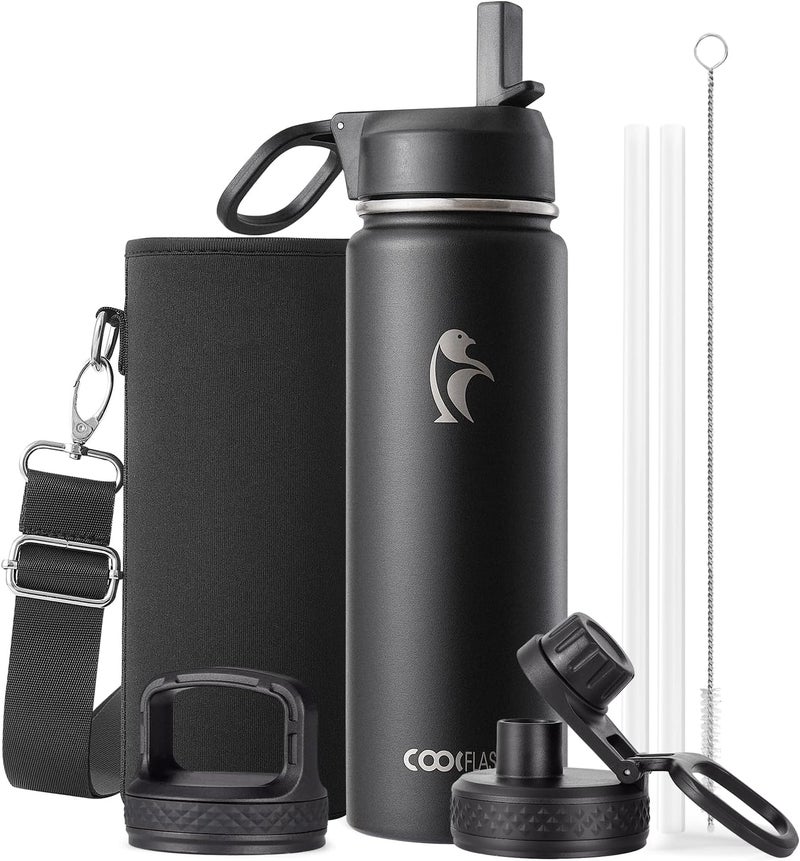Coolflask Water Bottle 750ml Insulated with Straw, Stainless Steel Metal 3 Lids Water Flask Wide Mouth for Sports or Office, Non-BPA Keep Cold Up to 48 Hrs or Hot Up to 24 Hrs, Magic Black - Image 1