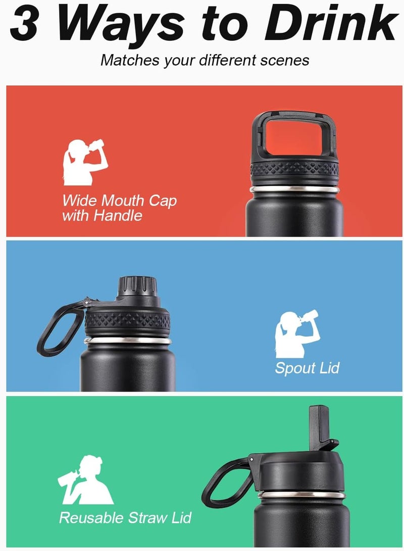 Coolflask Water Bottle 750ml Insulated with Straw, Stainless Steel Metal 3 Lids Water Flask Wide Mouth for Sports or Office, Non-BPA Keep Cold Up to 48 Hrs or Hot Up to 24 Hrs, Magic Black - Image 5