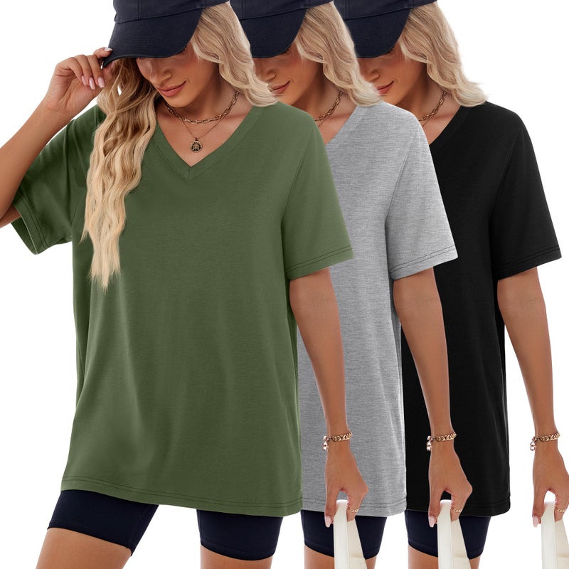 Huukeay 3 Pack Womens Oversized T Shirts 95 Cotton V Neck Half Sleeve Workout Tops Loose Fit Casual Summer Baggy Basic TeeBlack Light Gray Army GreenLarge