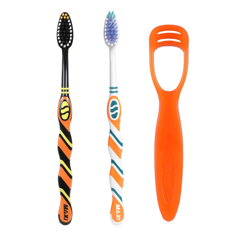 MAXI Adult Oral Care Combo Pack Of 1 Number Manual Toothbrush & 1 Number Tongue Cleaner (Combo Of 12),Multicolour - Image 1