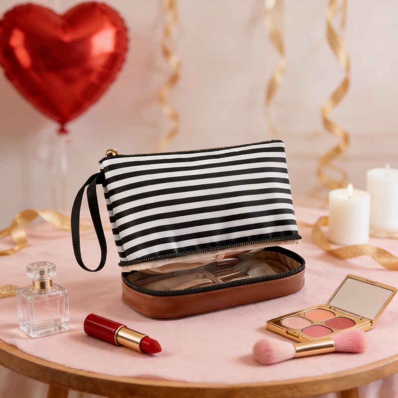 Ethereal Small Makeup Bag for Purse, Stripe Makeup Brush Organizer Bag Travel Make up Bags for Women Double Layer Makeup Pouch for Girls/Women - Image 2