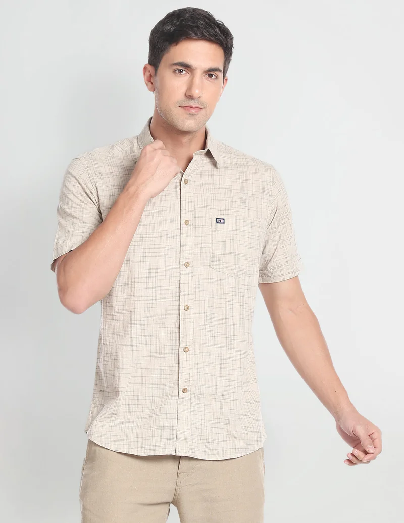 Arrow Beige Tartan Check Cotton Casual Shirt for Men | Best Price UAE