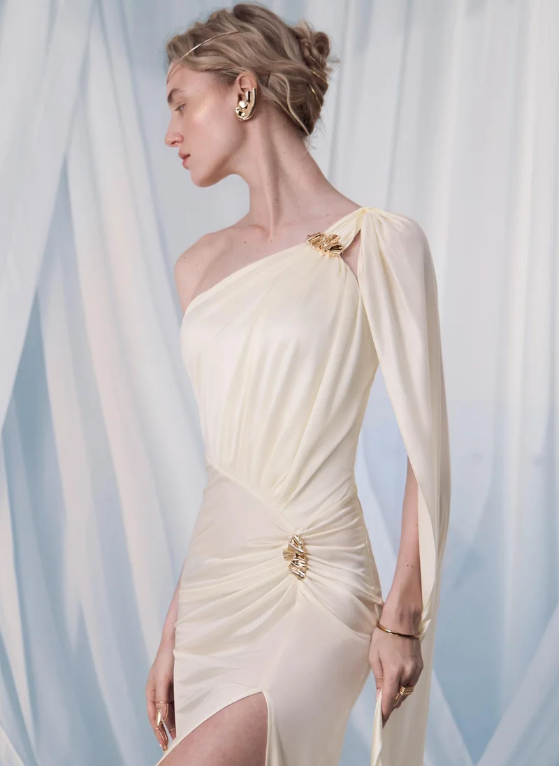 Lichi Maxi dress with draped shoulder and hips
