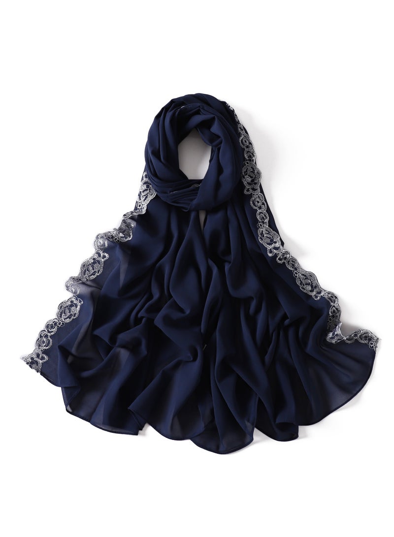 إسكدنيا New Lace Lace Trimmed Edge Solid Pearl Chiffon Long Scarf Single Color Headband Cover Scarf Female - Image 1