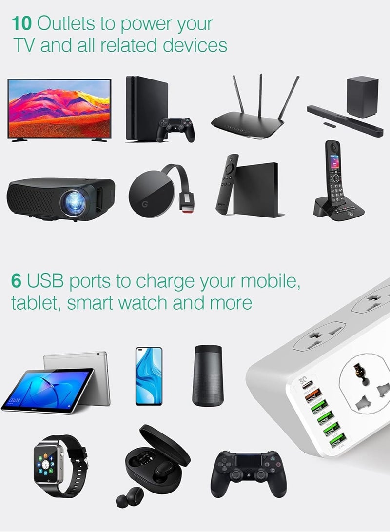 بيوينتي - NEW 10-Way Power Extension Cord Surge Protector Strip with USB-A  USB-C Ports - Image 1