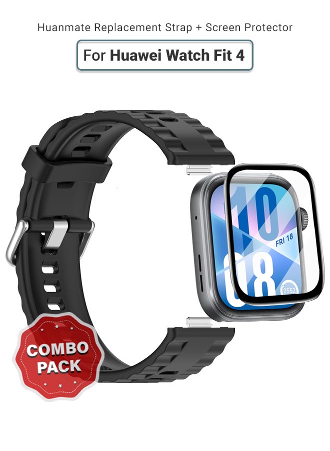 huanmate 2 In 1 Huawei Watch Fit 4 Smartwatch Soft Silicone Replacement Strap + Premium Screen Protector – High Quality, Stylish, Lightweight & Durable Strap and Clear, Safe, Smudge-Resistant Screen Shield  - Image 1