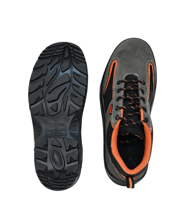 Karam FS69 Grey and Black Suede Leather Safety Shoes for Men |Single Density with Steel Toe | Antistatic, Antislip, Oil & Heat Resistant | Size - 11 - Image 5