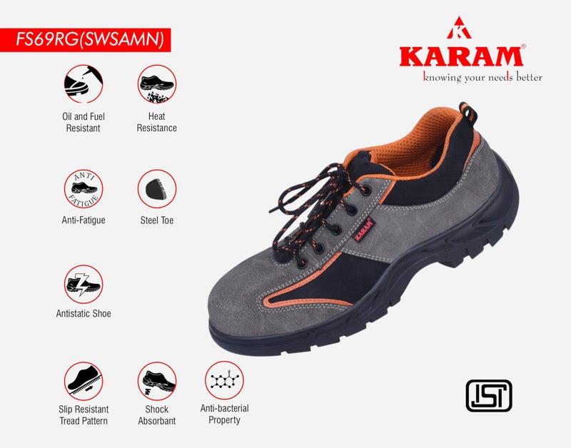 Karam FS69 Grey and Black Suede Leather Safety Shoes for Men |Single Density with Steel Toe | Antistatic, Antislip, Oil & Heat Resistant | Size - 11 - Image 2