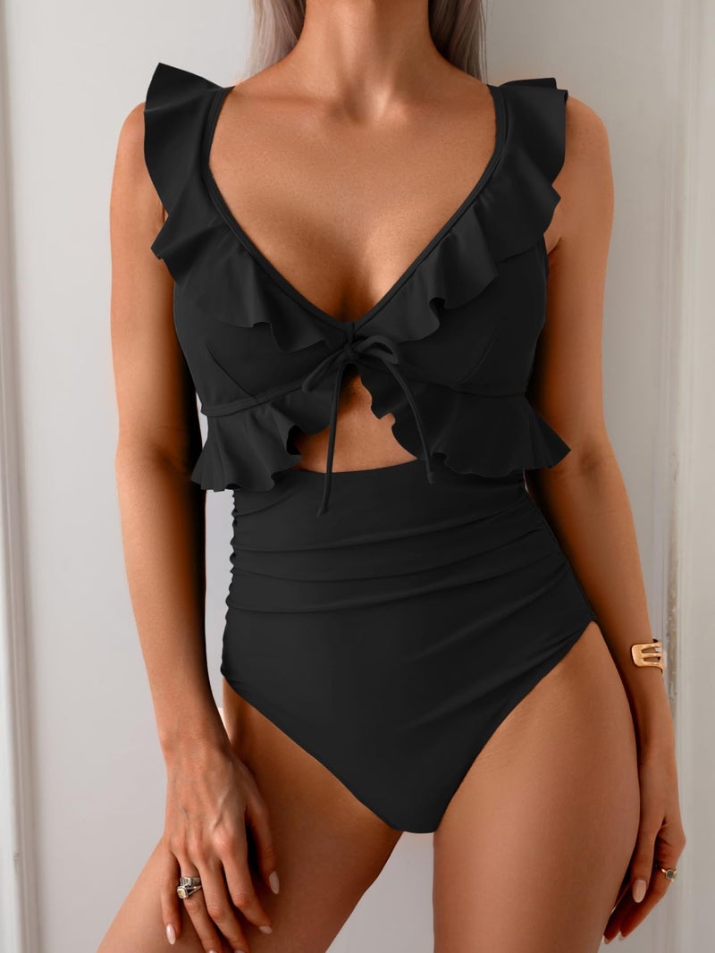 Eomenie One Piece Swimsuit for Women Tummy Control Ruffle Bathing Suit V Neck Ruched Swim Suit Slimming Cutout Swimwear Black - Image 4