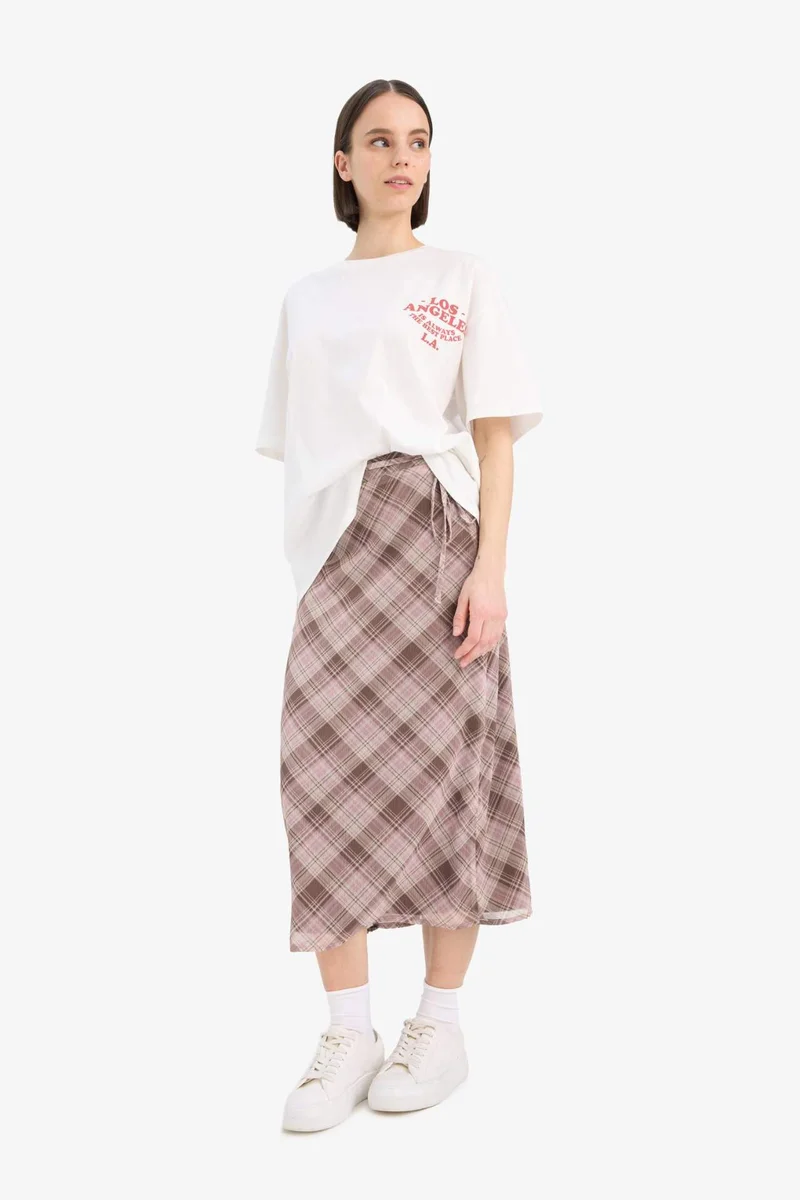 ديفاكتو A Cut Checked Normal Waist Cotton Lining Chiffon Midi Skirt
