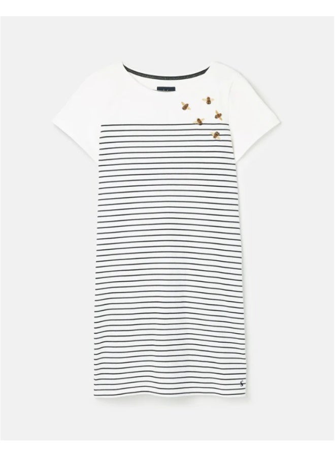 Joules Women's Riviera Bee Striped Short Sleeve Embroidered Jersey Dress in Cream - Image 2