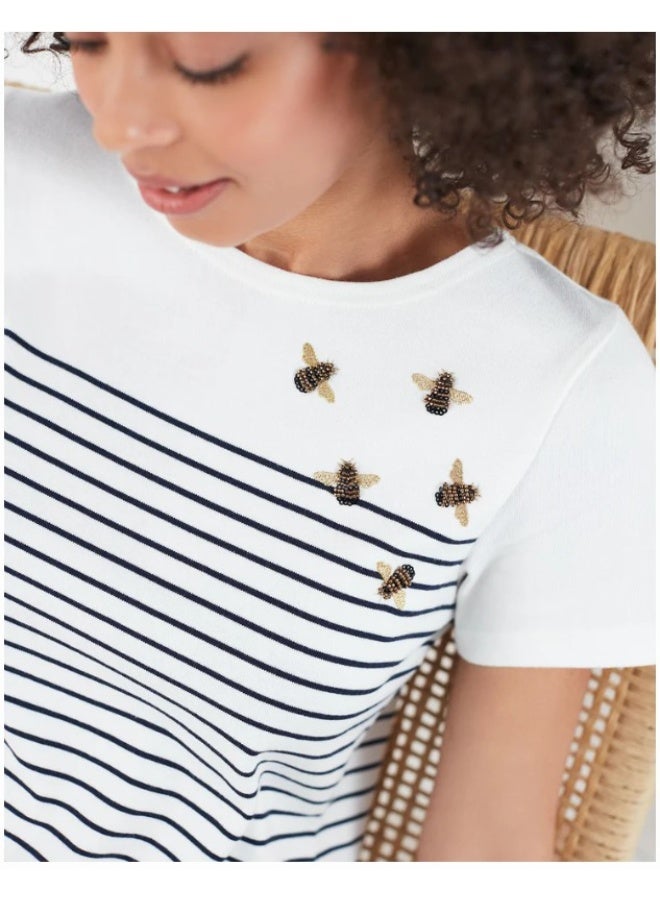 Joules Women's Riviera Bee Striped Short Sleeve Embroidered Jersey Dress in Cream - Image 3