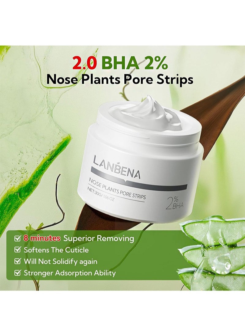 LANBENA مجموعة إزالة الرؤوس السوداء، شرائط المسام لنباتات الأنف ومصل محلول المسام، قناع تقشير مزيل الرؤوس السوداء للوجه والأنف، مصل تقليل المسام (30 جم + 15 مل)  - Image 3