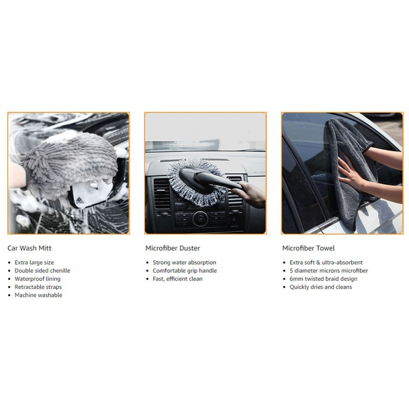 Car Wash Cleaning Kit 10-Piece Grey Set - Soft Sturdy Material Scratch-Free Ergonomic Handle Car Wash Tool for Interior Exterior Vehicle Cleaning - Image 2