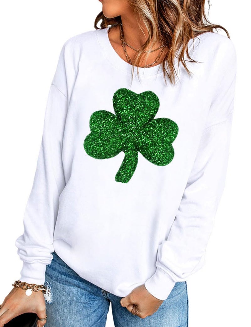 Ecosunny Women's White Sequin St Patrick Clover Patch Sweatshirt Holiday Graphic Shirt Crewneck Long Sleeve Pullover Tops - Image 1