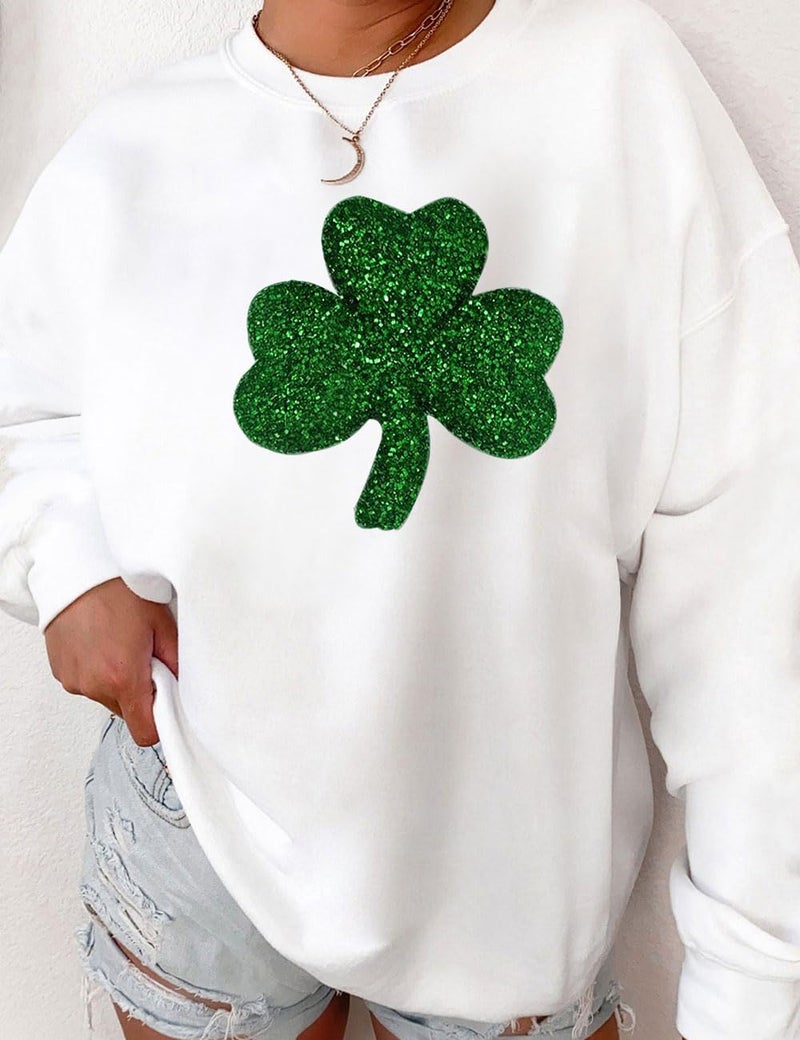 Ecosunny Women's White Sequin St Patrick Clover Patch Sweatshirt Holiday Graphic Shirt Crewneck Long Sleeve Pullover Tops - Image 2