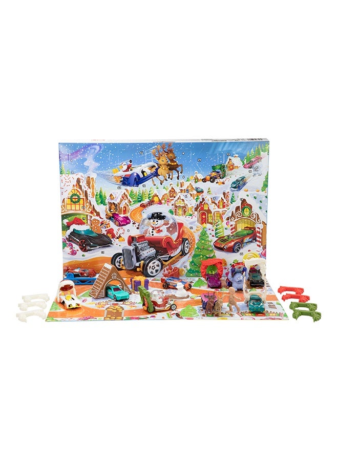 Hot Wheels Toy Cars & Playset, 2025 Advent Calendar with 10 Vehicles in 1:64 Scale, 10 Ornament Clips & 14 Winter-Themed Accessories - Image 1