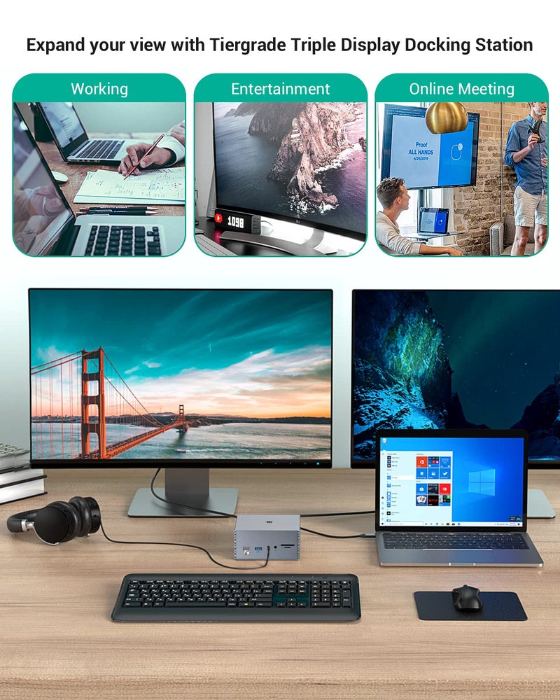 Tiergrade USB-C Docking Station with Dual 4K HDMI & DP, 6 USB Ports, SD/TF Card Slots, 60W USB-C PD Charging, Triple Display for Windows USB 3.1 Gen 2 Systems - Not for Mac OS - Image 2