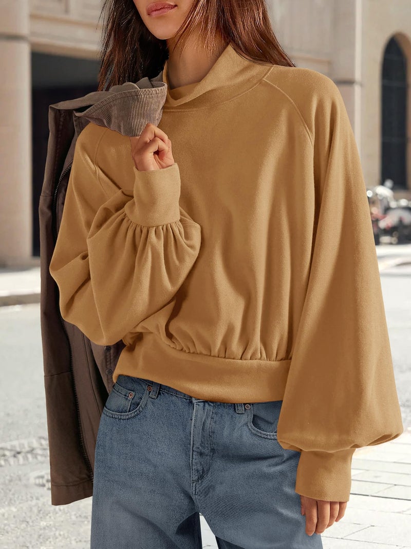 Yanekop Womens Turtleneck Tops Mock Neck Long Sleeve Shirts Oversized Cropped Sweatshirts Loose Fitting Pullover Tops(Brown,S) - Image 3