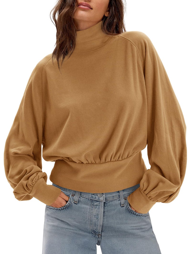 Yanekop Womens Turtleneck Tops Mock Neck Long Sleeve Shirts Oversized Cropped Sweatshirts Loose Fitting Pullover Tops(Brown,S) - Image 2