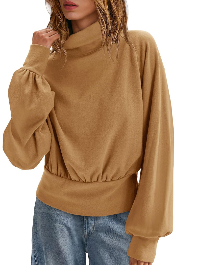 Yanekop Womens Turtleneck Tops Mock Neck Long Sleeve Shirts Oversized Cropped Sweatshirts Loose Fitting Pullover Tops(Brown,S) - Image 1
