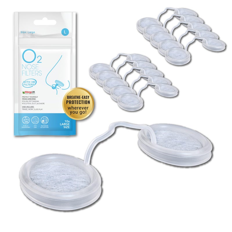 O2 Nose Filters with 3M Filtration Allergy Nose Filter Nasal Dilators for Sleep Dust Pollution Travel Anti Snoring Devices Dust Mask Size Large Pack of 10