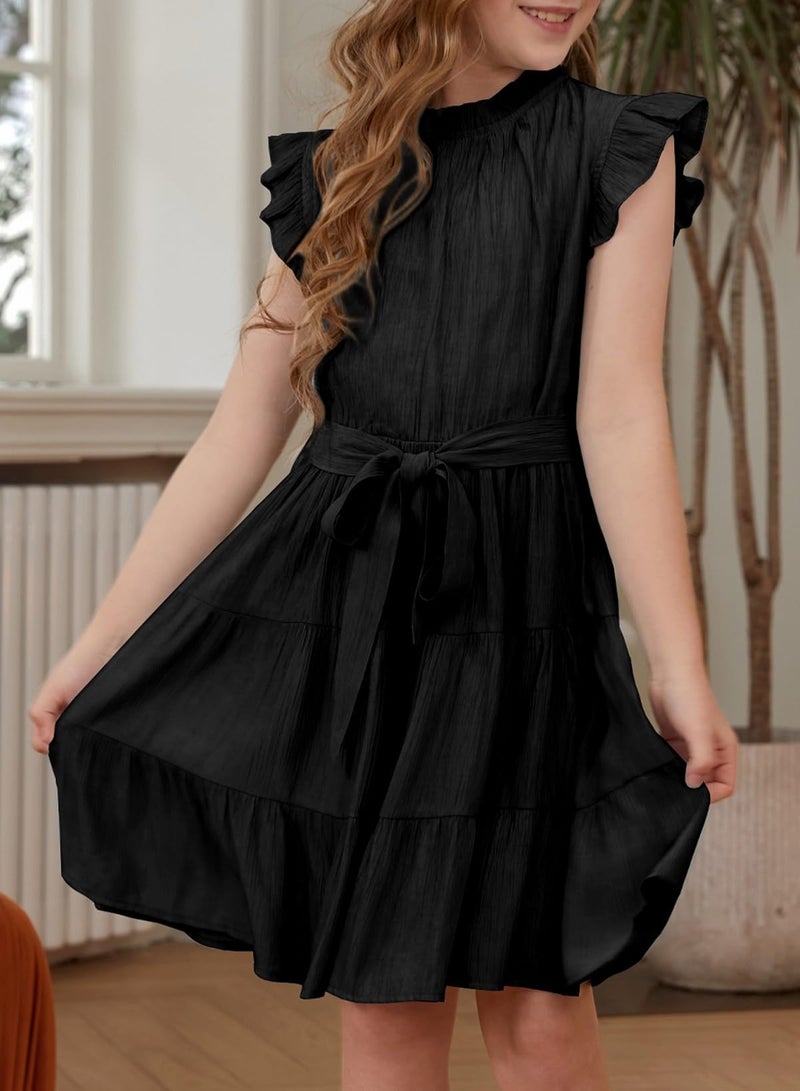 blibean Girl Short Sleeve Dress Tween Kid Summer Boho Ruffle Dresses Preteen Tiered Swing Outfit Solid Flowy Formal Party Fancy Clothes Size 12-13 Years XX-Large Black - Image 5