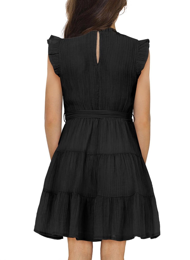blibean Girl Short Sleeve Dress Tween Kid Summer Boho Ruffle Dresses Preteen Tiered Swing Outfit Solid Flowy Formal Party Fancy Clothes Size 12-13 Years XX-Large Black - Image 2
