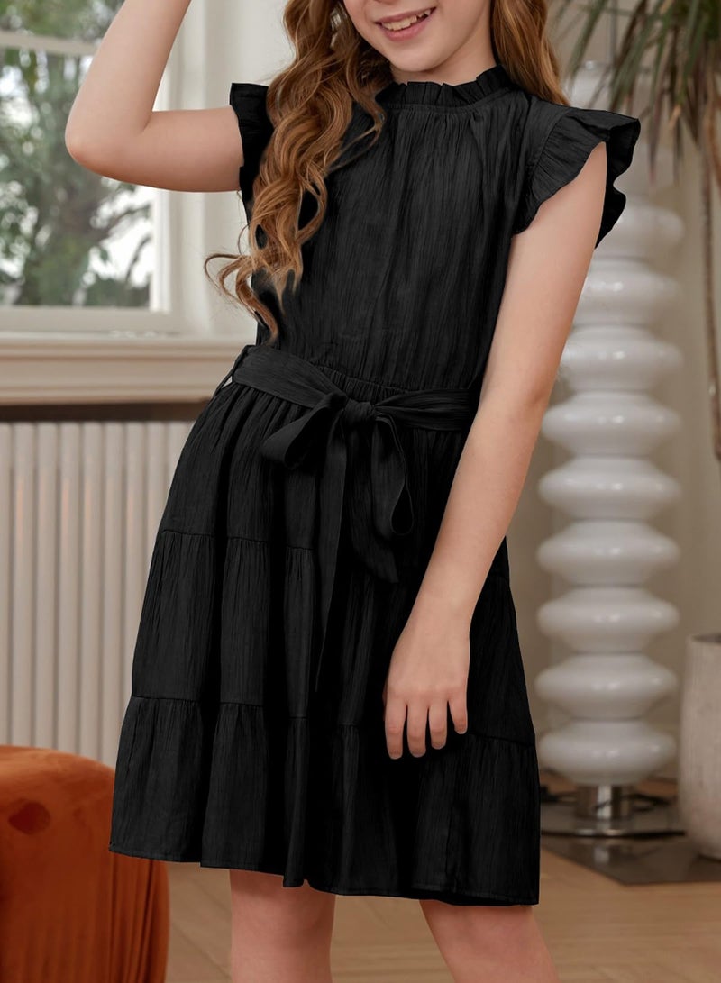 blibean Girl Short Sleeve Dress Tween Kid Summer Boho Ruffle Dresses Preteen Tiered Swing Outfit Solid Flowy Formal Party Fancy Clothes Size 12-13 Years XX-Large Black - Image 3
