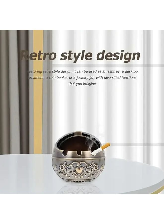 Bronze Vintage Metal Ashtray With Lid Smoke Odor Proof Floral Pattern Home Office Bar - Image 2
