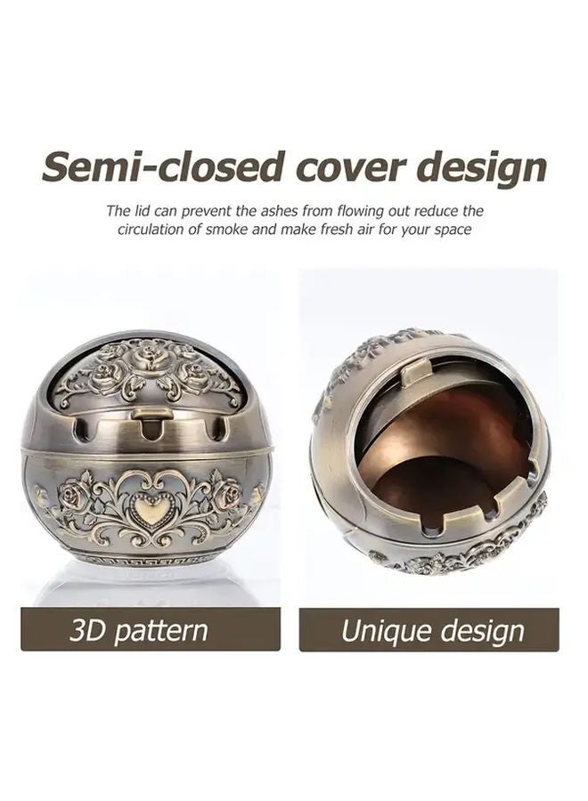 Bronze Vintage Metal Ashtray With Lid Smoke Odor Proof Floral Pattern Home Office Bar - Image 3