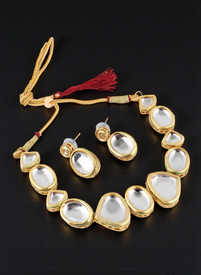 LUCKY JEWELLERY 18K Gold Plated Kundan Studded Meenakari Choker Jewellery Set - Image 4