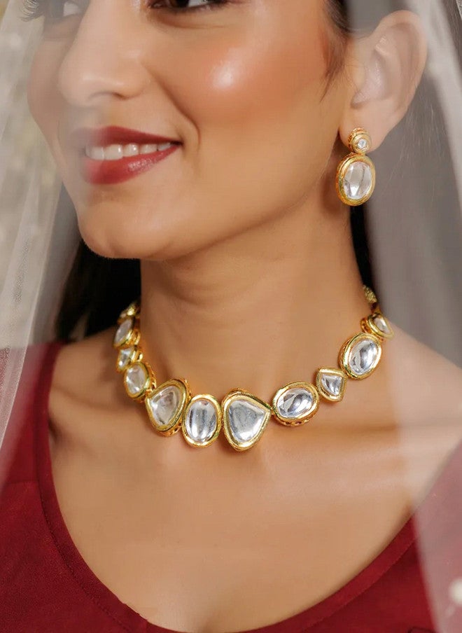 LUCKY JEWELLERY 18K Gold Plated Kundan Studded Meenakari Choker Jewellery Set - Image 1