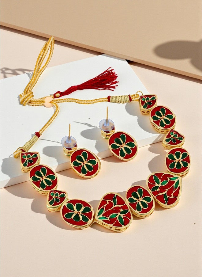 LUCKY JEWELLERY 18K Gold Plated Kundan Studded Meenakari Choker Jewellery Set - Image 2