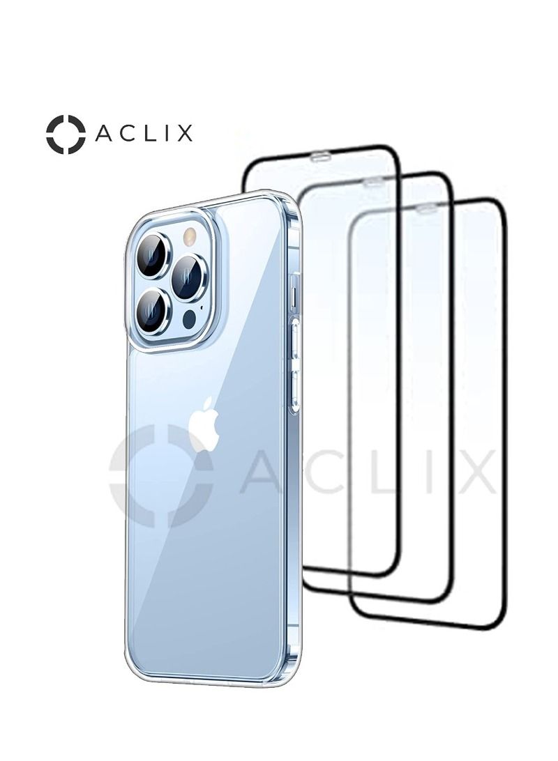 ACLIX 4 in 1 Apple iPhone 13 Pro with A 3D Black Border Glass Screen Protector 6.7 inch Shockproof Protective Case, Soft Scratch-Resistant Protection Case, Slim Transparent Thin Case for iPhone 13 Pro