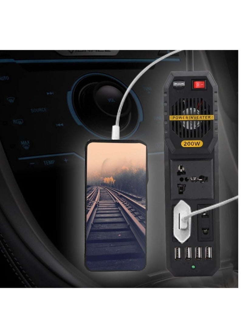 200W Power Inverter, DC 12V to AC 220V Car Power Inverter with 4 USB Port Cigarette Lighter