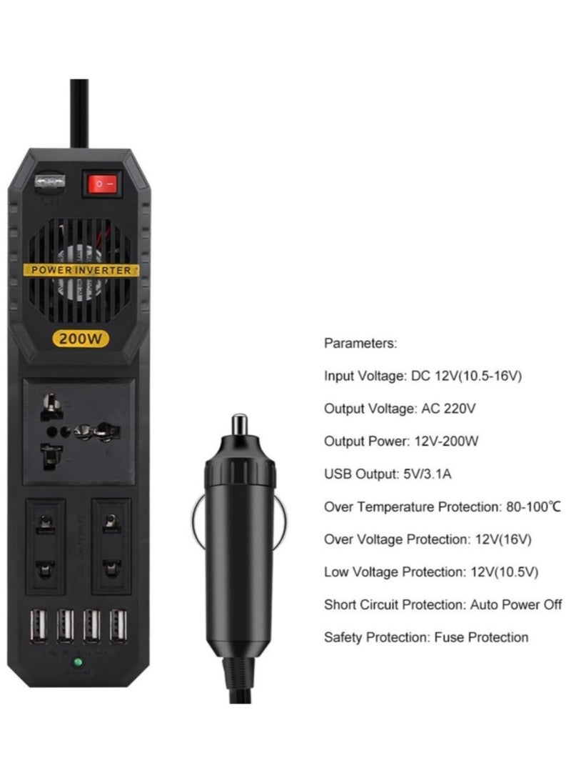 200W Power Inverter, DC 12V to AC 220V Car Power Inverter with 4 USB Port Cigarette Lighter