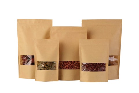 KCL Kraft Paper Stand up Pouches with Rectangle Transparent window (Food Grade) Dimension - 8 * 12 Inches - Brown Color (With Ziplock) - Pack of 100 Pc