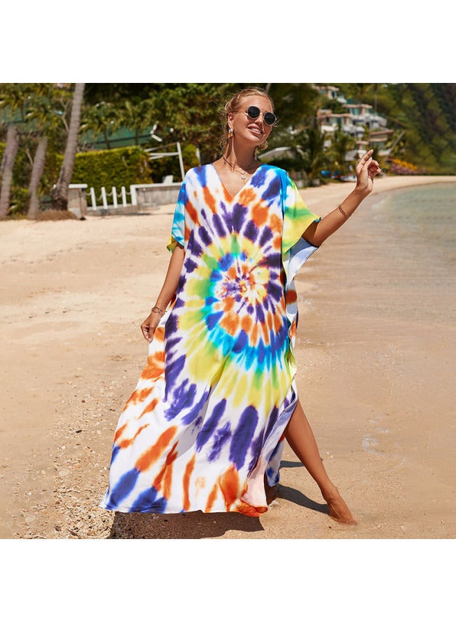 إسكدنيا بلوزة شاطئ رايون أوروبية وأمريكية مصبوغة برباط، رداء فضفاض على شاطئ البحر للحماية من الشمس، ملابس سباحة بي، ملابس خارجية - اللون: 30 لونًا - الحجم الدوامي: مقاس حر - Image 1