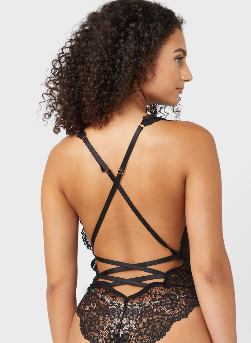 ELLA Deep Plunge Neck Lace Teddy Detail Bodysuit