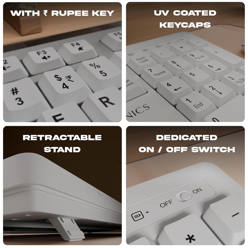 ZEBRONICS مجموعة لوحة مفاتيح وفأرة لاسلكية، 104 مفتاح مطلي بالأشعة فوق البنفسجية، مفتاح ₹، 12 مفتاح وسائط متعددة، قاعدة قابلة للسحب، فأرة بأربعة أزرار، 1600 نقطة في البوصة، دقة عالية، مستقبل USB نانو (رفيق 116، أبيض) - Image 4