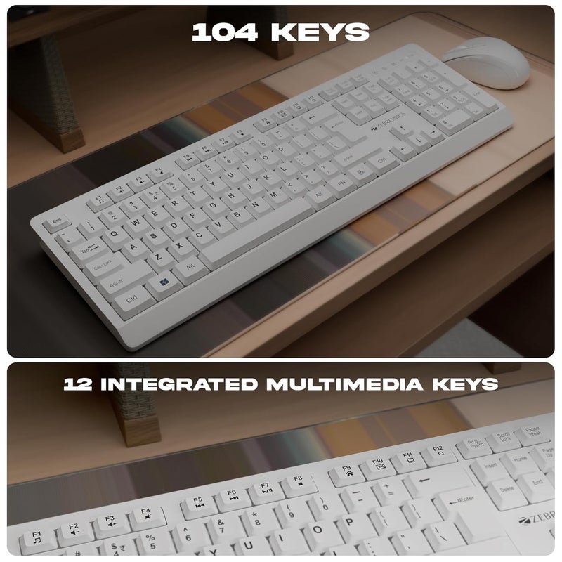 ZEBRONICS مجموعة لوحة مفاتيح وفأرة لاسلكية، 104 مفتاح مطلي بالأشعة فوق البنفسجية، مفتاح ₹، 12 مفتاح وسائط متعددة، قاعدة قابلة للسحب، فأرة بأربعة أزرار، 1600 نقطة في البوصة، دقة عالية، مستقبل USB نانو (رفيق 116، أبيض) - Image 3