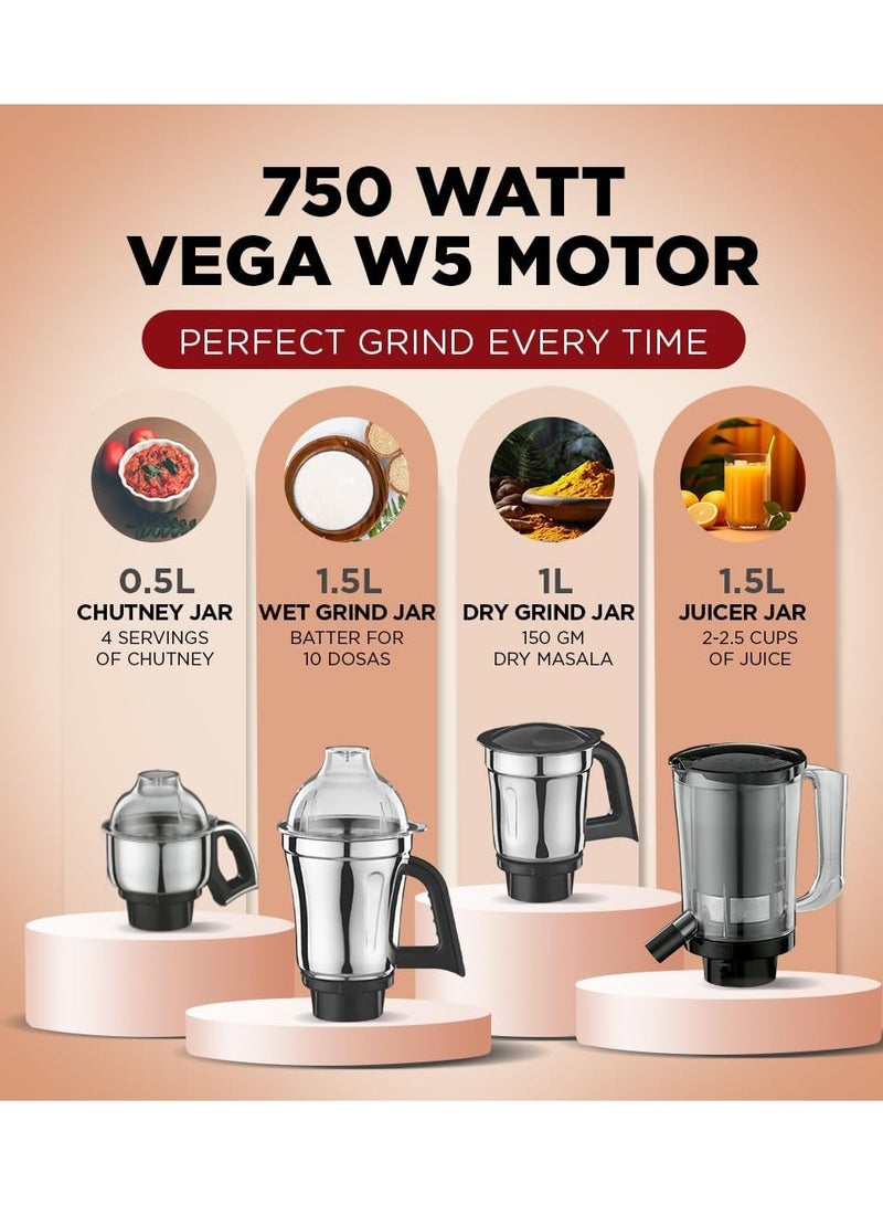 Preethi Zodiac Stardust Mixer Grinder for Kitchen, 5 Jars Mixie (3 Stainless steel Jars +1 Juicer Jar+1 Master Chef Plus Food processor Jar) 1.5 L 750 W MG265 Black/Copper - Image 4
