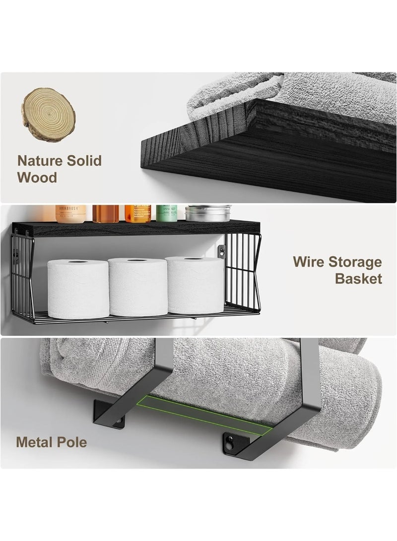 والالا مجموعة من 3 أرفف خشبية عائمة، رف تخزين للحمام، أرفف صلبة مثبتة على الحائط، رف عرض منزلي، رف منظم للمطبخ، رف معلق مزخرف مع قضيب مناشف، سلك للمكتب المنزلي - Image 4